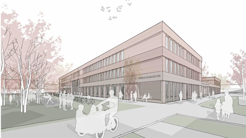 Der Entwurf für die neue vierzügige Grundschule auf dem Gelände der ehemaligen York-Kaserne steht. Allerdings müssen für den Bau zahlreiche Bäume gefällt werden. Abbildung: Hehn Scholz Pohl Architekten.