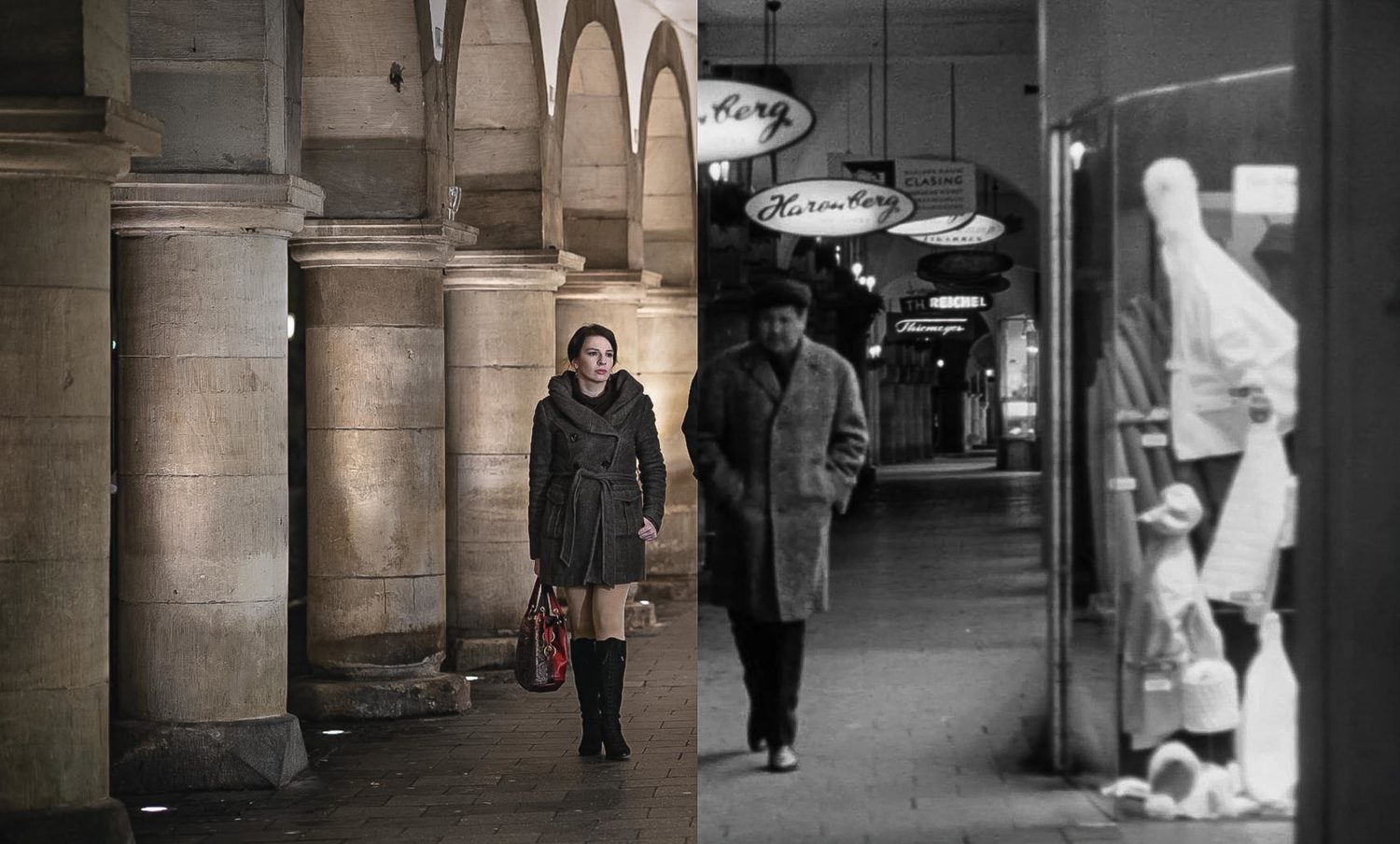Marina Weisband flaniert mit Johannes Schaaf unter den Bögen am Prinzipalmarkt. Foto: Maris Hartmanis und Szenenbild aus „Alle Jahre wieder“. V